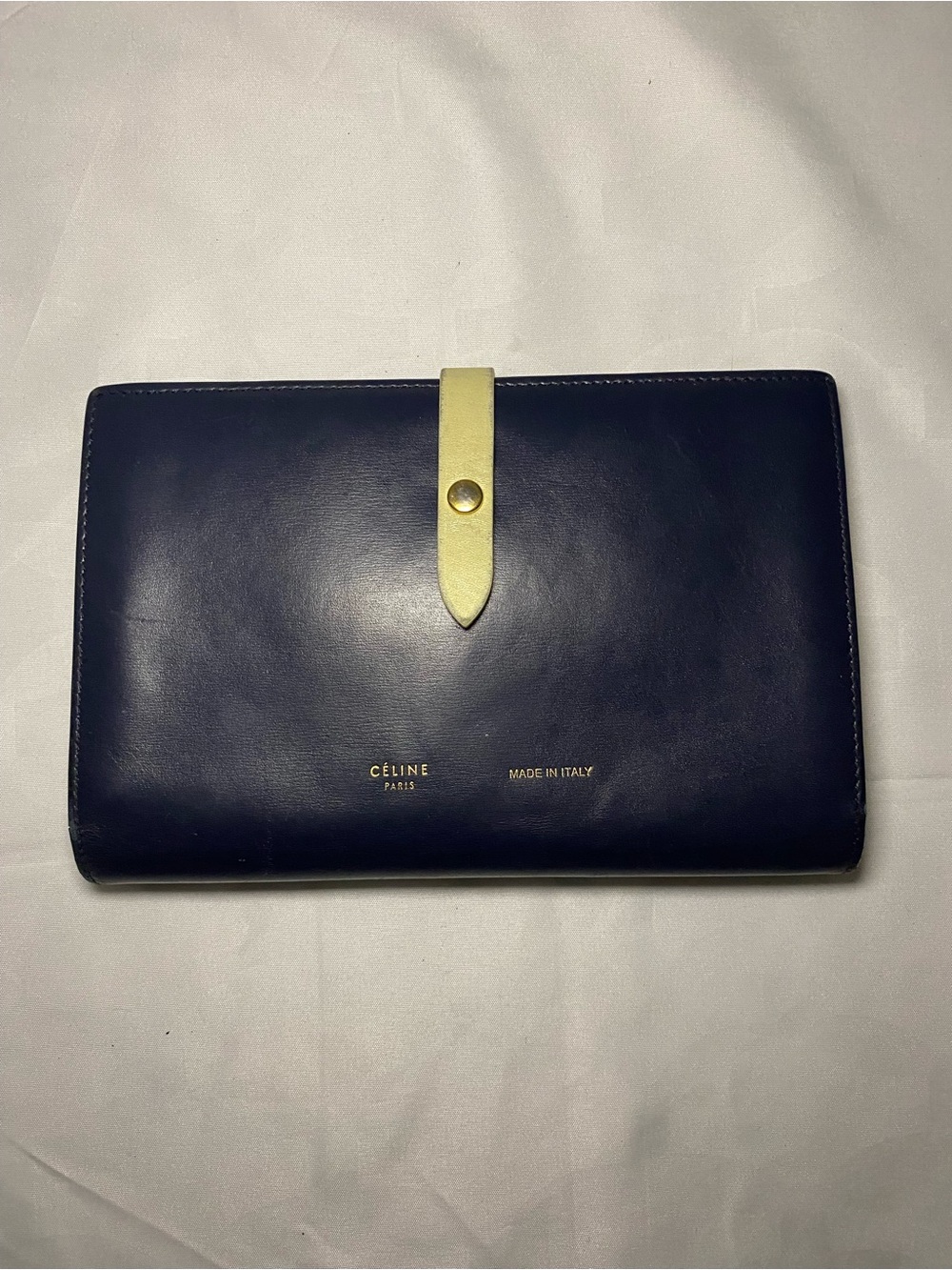 Celine Navy Leather Clutch with Yellow Strap and Gold Foil Logo